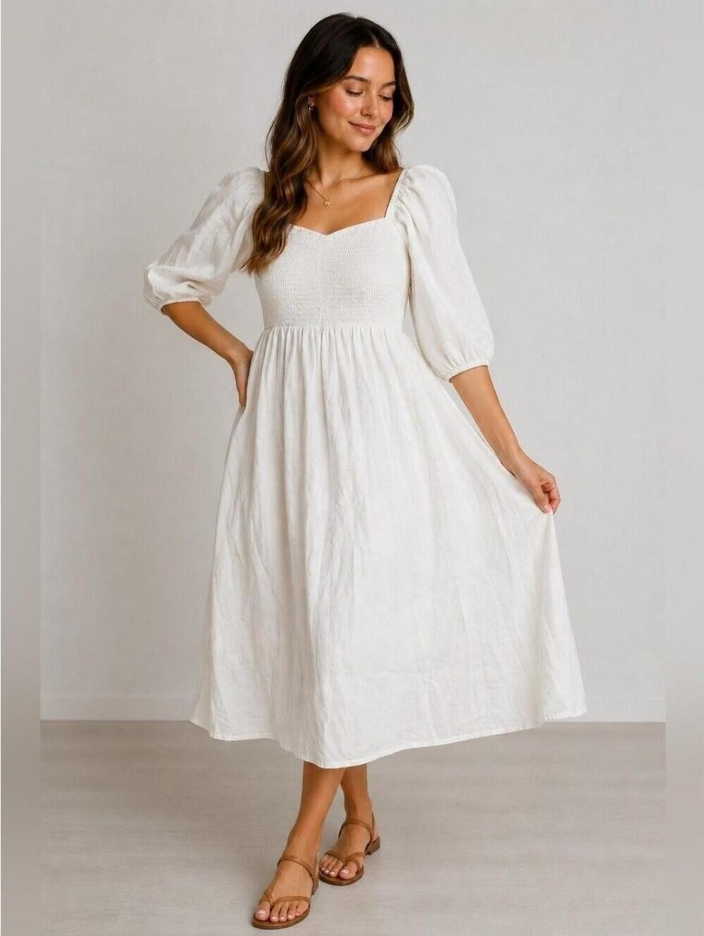 LC Lauren Conrad White Smocked Midi Dress with Puff Sleeves and Square Neck